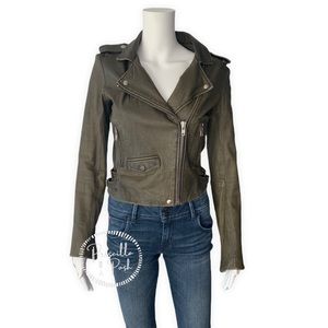 IRO Olive Green Ashville Leather Cropped Distressed Moto Jacket